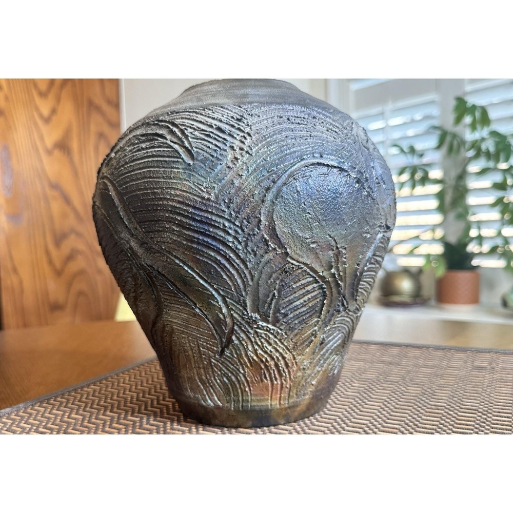 Raku Signed Studio Pottery Vase Sculptural Ceramic Vessel 8.5" Art Pot